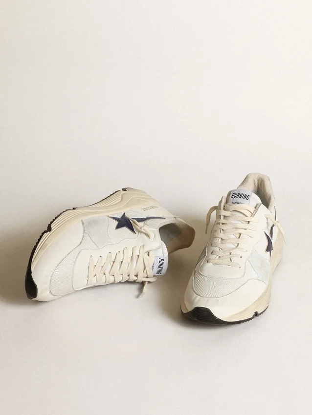 Running Sole in pelle bianca e rete con stella in pelle laminata blu
