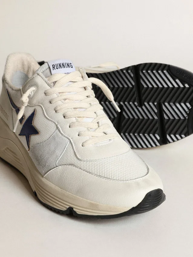 Running Sole in pelle bianca e rete con stella in pelle laminata blu