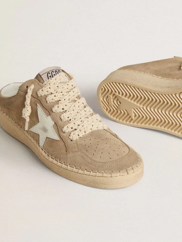 Sabot Ball Star da donna in pelle scamosciata beige con stella in pelle bianca