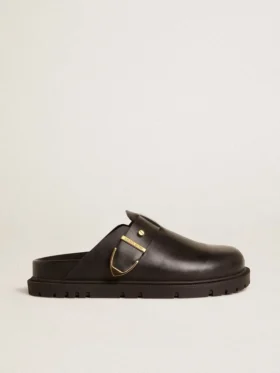 Sabot Lucy da donna in pelle nera lucida con fibbia in metallo dorato