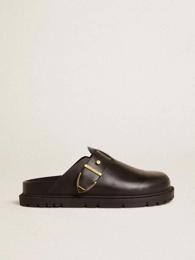Sabot Lucy da donna in pelle nera lucida con fibbia in metallo dorato