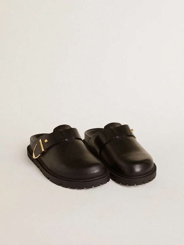 Sabot Lucy da donna in pelle nera lucida con fibbia in metallo dorato