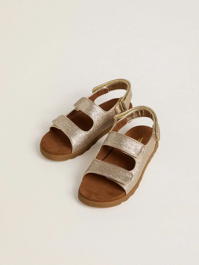 Sandali Noa Junior in micro-glitter e pelle platino