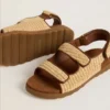 Sandali Noa Junior in rafia beige e pelle marrone