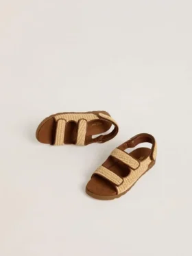 Sandali Noa Young in rafia beige e pelle marrone