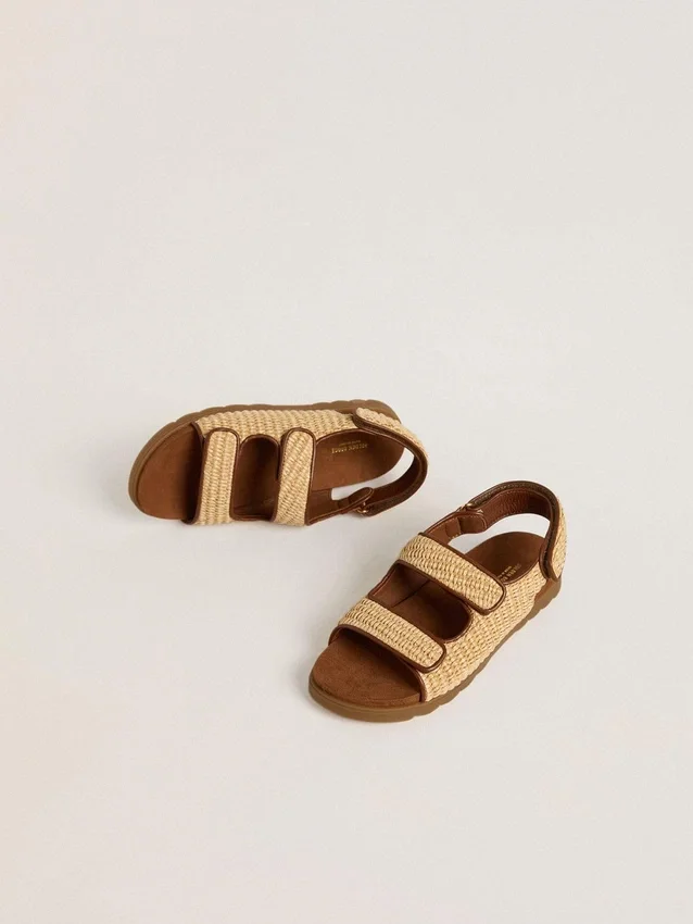 Sandali Noa Young in rafia beige e pelle marrone