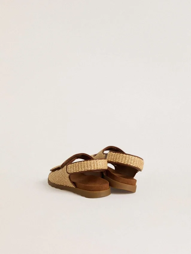 Sandali Noa Young in rafia beige e pelle marrone