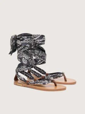Sandali piatti da donna con motivo paisley blu scuro e dettagli gioiello