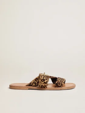 Sandali piatti da donna Margaret in pelle di pony con stampa leopardata