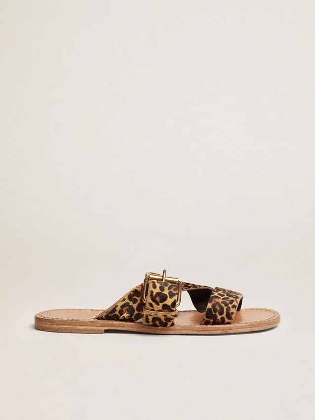 Sandali piatti da donna Margaret in pelle di pony con stampa leopardata