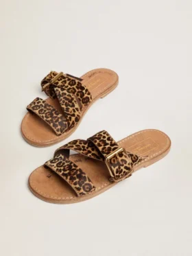 Sandali piatti da donna Margaret in pelle di pony con stampa leopardata