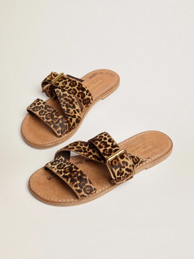 Sandali piatti da donna Margaret in pelle di pony con stampa leopardata
