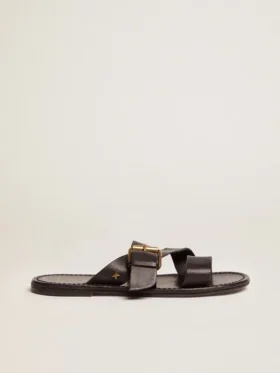 Sandali piatti da donna Margaret in pelle nera rivestita in resina