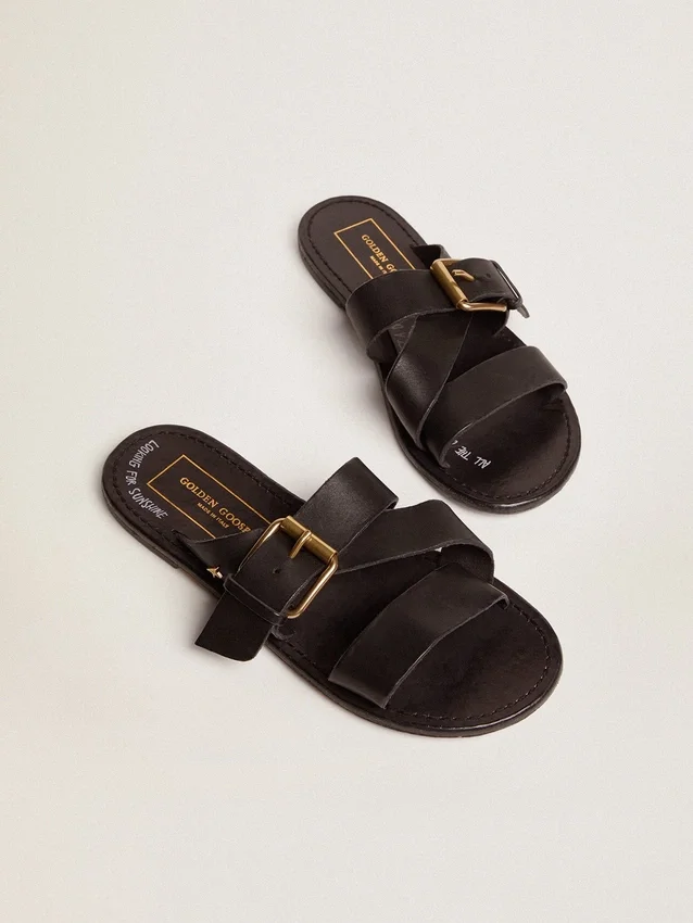 Sandali piatti da donna Margaret in pelle nera rivestita in resina