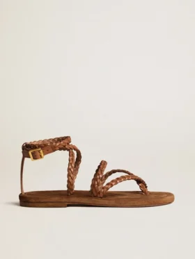 Sandali piatti da donna Penelope in pelle color tabacco con suola in pelle scamosciata
