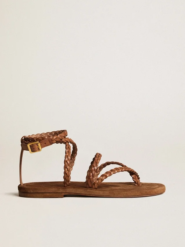 Sandali piatti da donna Penelope in pelle color tabacco con suola in pelle scamosciata