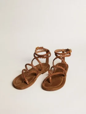 Sandali piatti da donna Penelope in pelle color tabacco con suola in pelle scamosciata