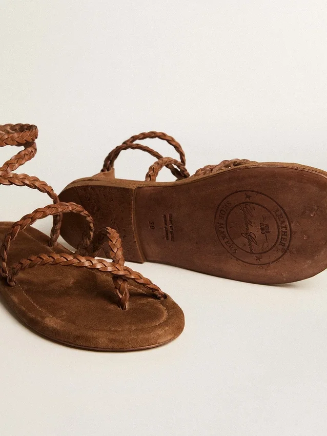 Sandali piatti da donna Penelope in pelle color tabacco con suola in pelle scamosciata