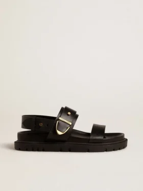 Sandalo da donna Lucy in pelle nera lucida con fibbia in metallo dorato