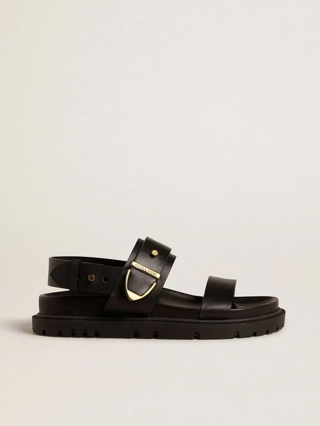 Sandalo da donna Lucy in pelle nera lucida con fibbia in metallo dorato