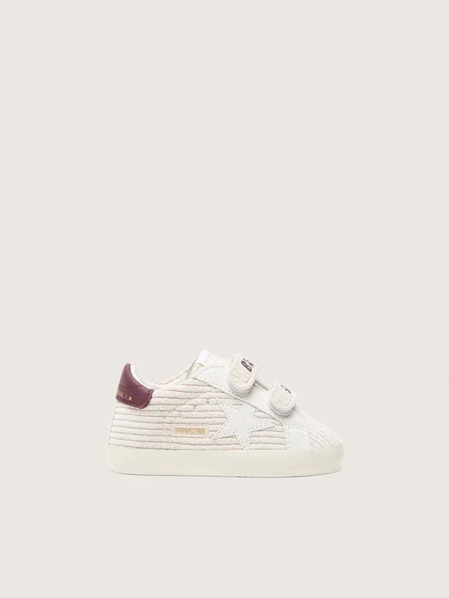 Scarpe da neonato in velluto con stella in pelle scamosciata bianca e linguetta sul tallone in pelle bordeaux