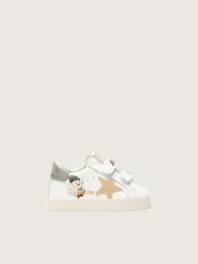 Scarpe da scuola per bambini in nappa con stella in pelle scamosciata beige e stampa con mascotte