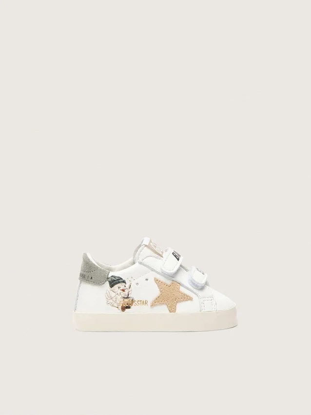 Scarpe da scuola per bambini in nappa con stella in pelle scamosciata beige e stampa con mascotte