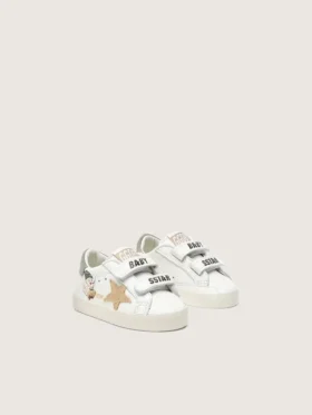 Scarpe da scuola per bambini in nappa con stella in pelle scamosciata beige e stampa con mascotte