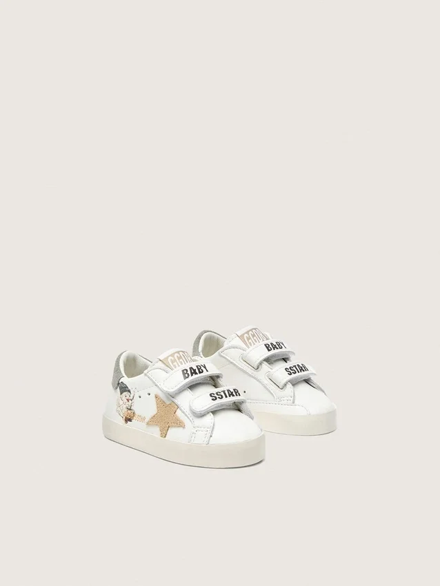 Scarpe da scuola per bambini in nappa con stella in pelle scamosciata beige e stampa con mascotte