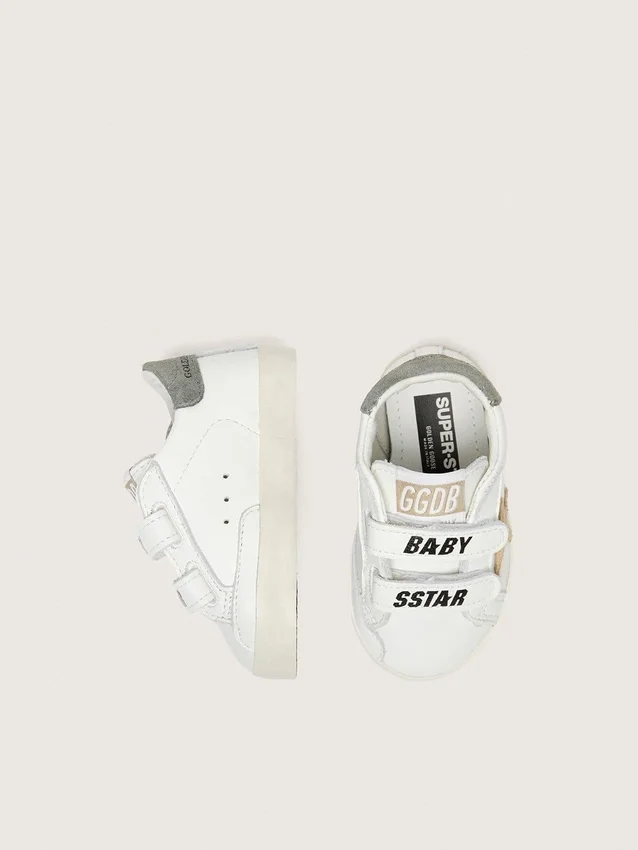 Scarpe da scuola per bambini in nappa con stella in pelle scamosciata beige e stampa con mascotte