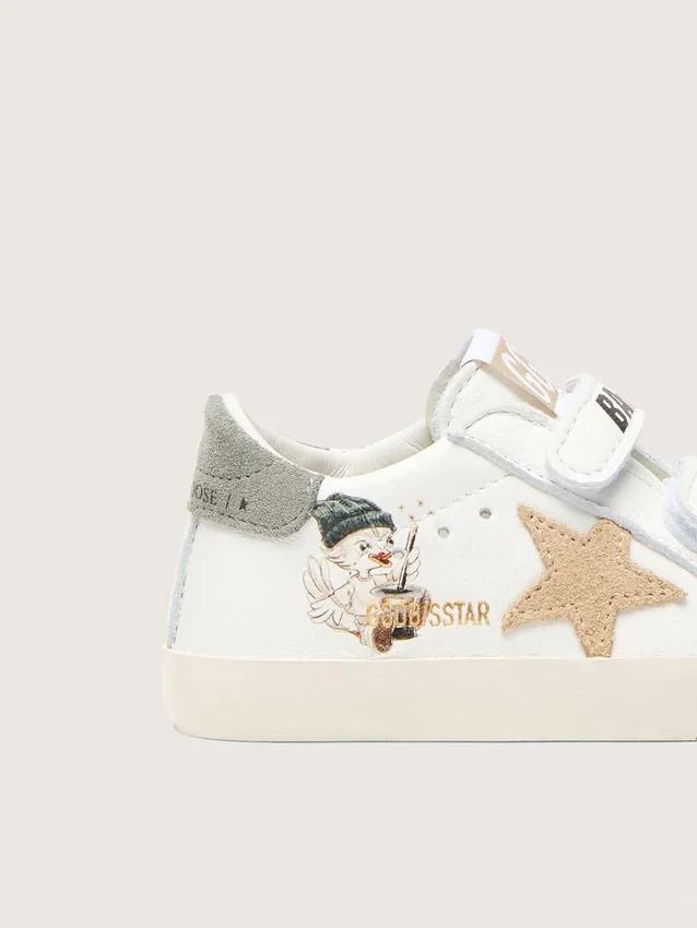 Scarpe da scuola per bambini in nappa con stella in pelle scamosciata beige e stampa con mascotte