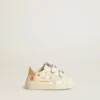 Scarpe da scuola per bambini in pelle nappa con motivo a rose rosa e stella in pelle scamosciata bianca