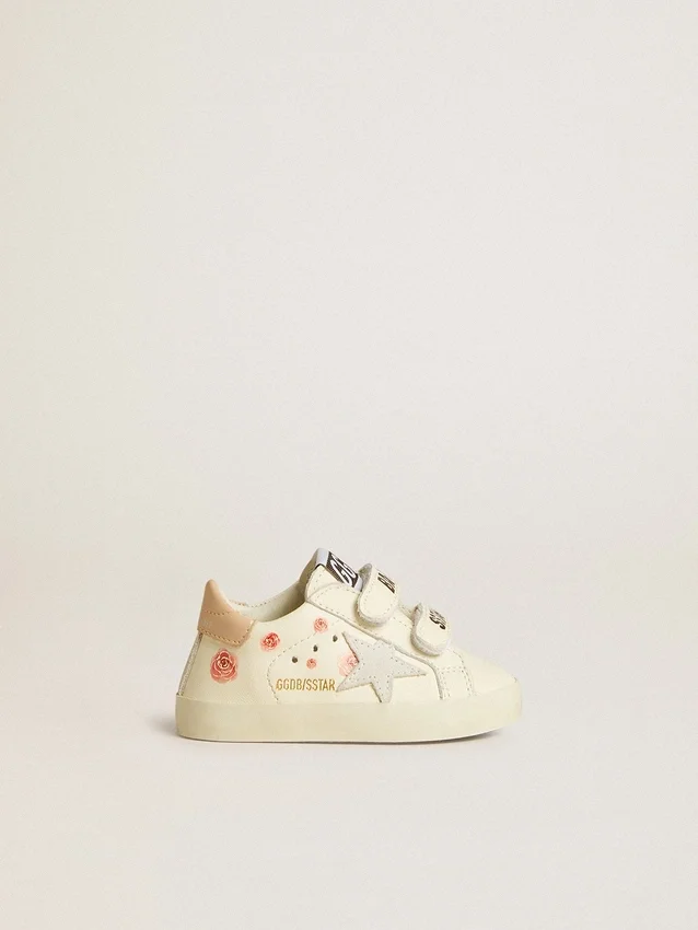 Scarpe da scuola per bambini in pelle nappa con motivo a rose rosa e stella in pelle scamosciata bianca