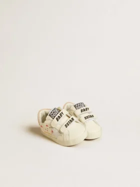 Scarpe da scuola per bambini in pelle nappa con motivo a rose rosa e stella in pelle scamosciata bianca