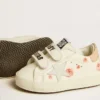 Scarpe da scuola per bambini in pelle nappa con motivo a rose rosa e stella in pelle scamosciata bianca
