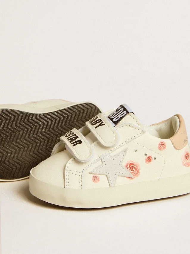 Scarpe da scuola per bambini in pelle nappa con motivo a rose rosa e stella in pelle scamosciata bianca
