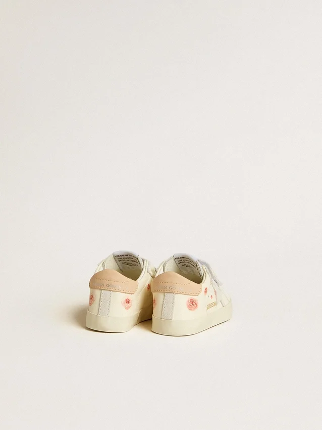 Scarpe da scuola per bambini in pelle nappa con motivo a rose rosa e stella in pelle scamosciata bianca