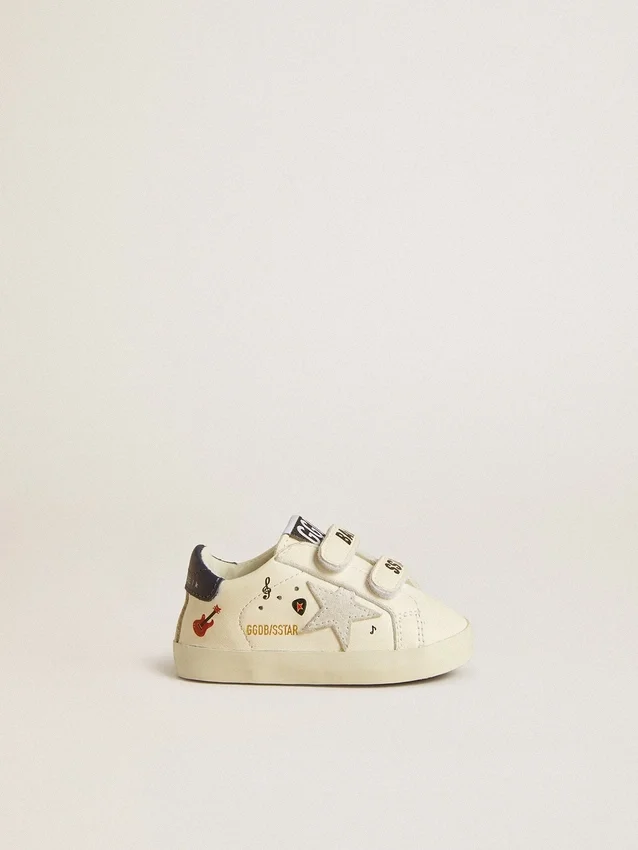 Scarpe da scuola per bambini in pelle nappa con stampa musicale e stella in pelle scamosciata bianca