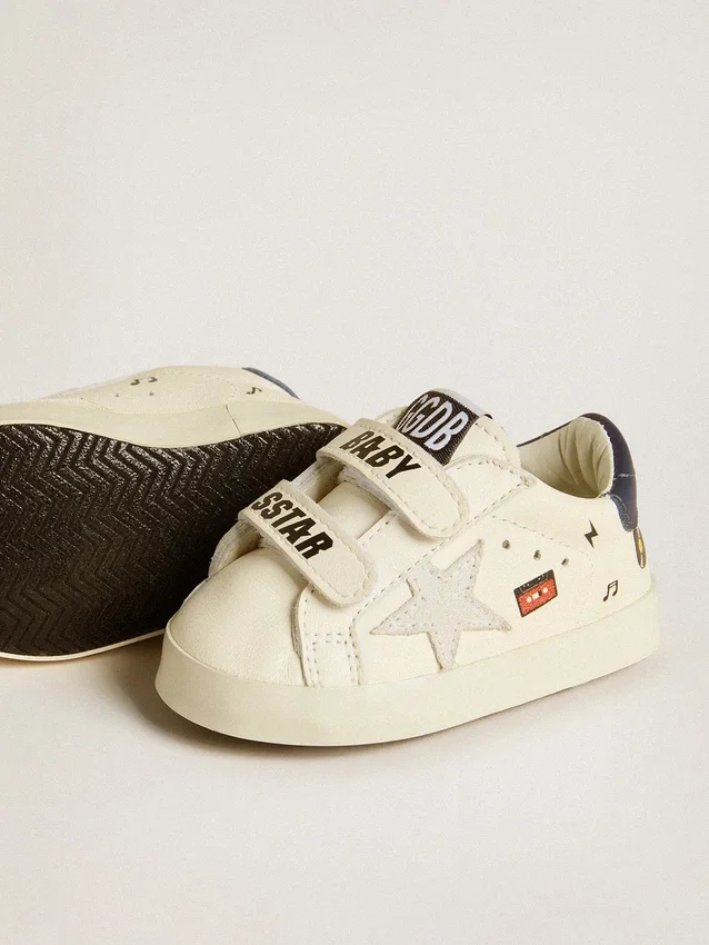 Scarpe da scuola per bambini in pelle nappa con stampa musicale e stella in pelle scamosciata bianca