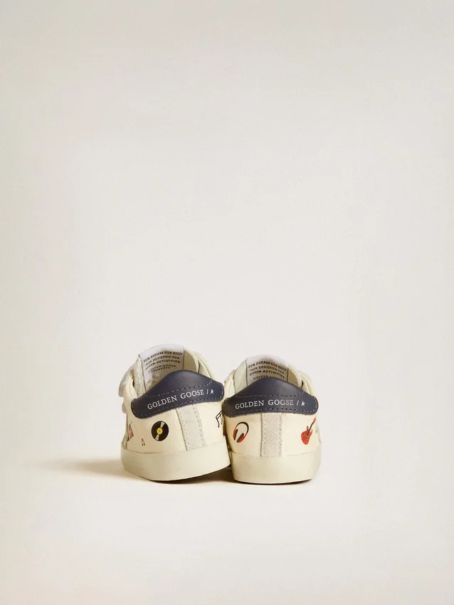 Scarpe da scuola per bambini in pelle nappa con stampa musicale e stella in pelle scamosciata bianca