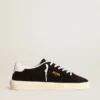 Scarpe da tennis da donna in pelle scamosciata nera con linguetta sul tallone in pelle bianca