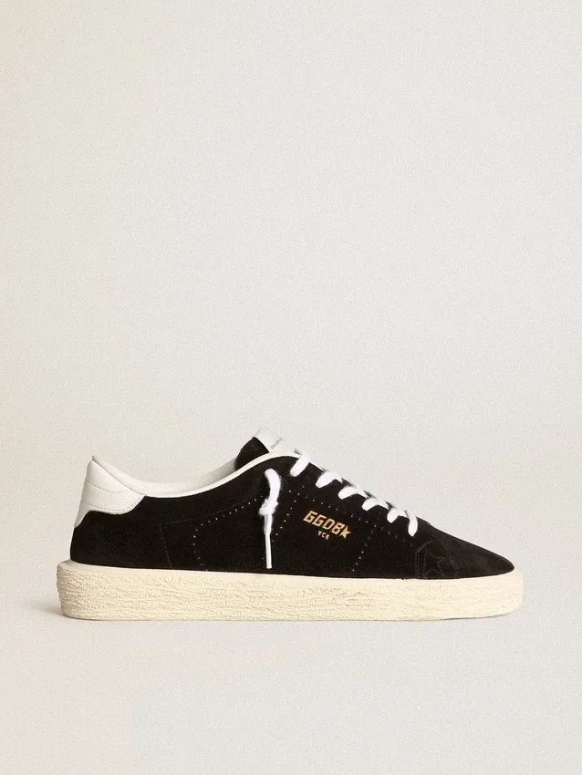 Scarpe da tennis da donna in pelle scamosciata nera con linguetta sul tallone in pelle bianca