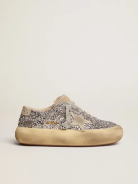 Scarpe Space-Star da donna in glitter argento con fodera in shearling