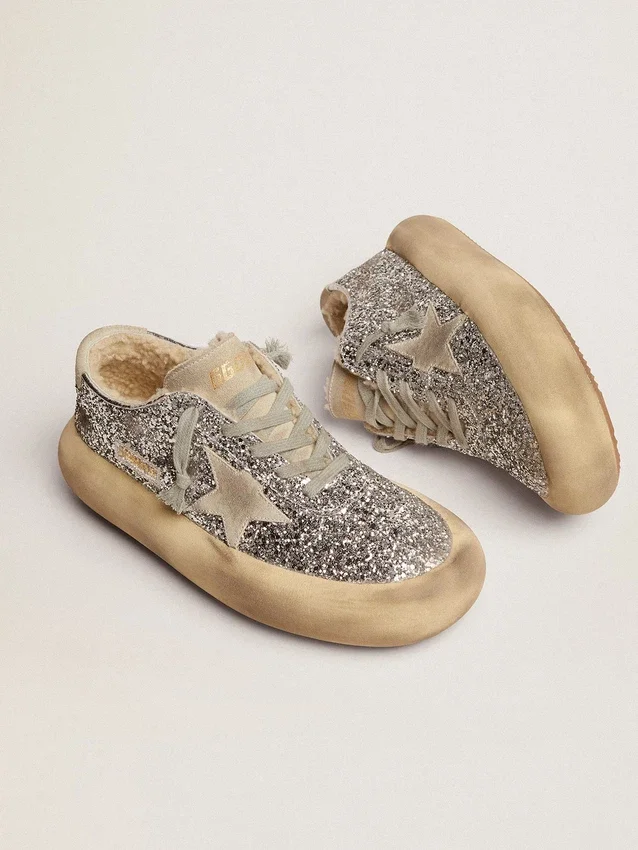 Scarpe Space-Star da donna in glitter argento con fodera in shearling