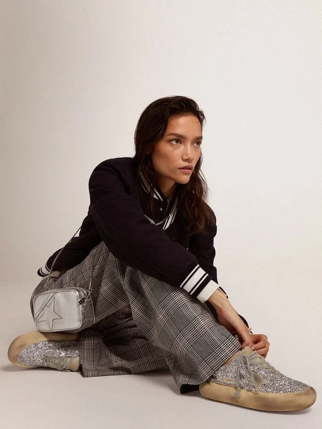 Scarpe Space-Star da donna in glitter argento con fodera in shearling