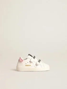 Set da scuola per bambini in nappa bianca con linguetta sul tallone in pelle rosa