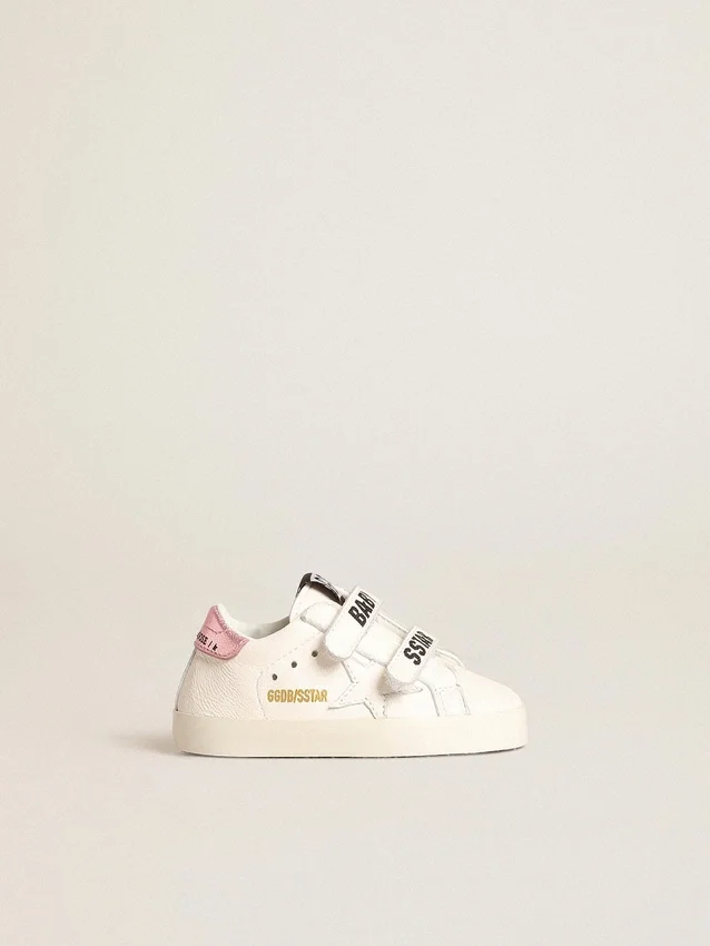 Set da scuola per bambini in nappa bianca con linguetta sul tallone in pelle rosa