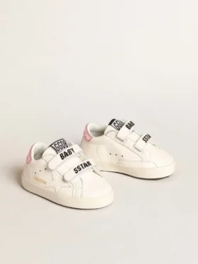 Set da scuola per bambini in nappa bianca con linguetta sul tallone in pelle rosa