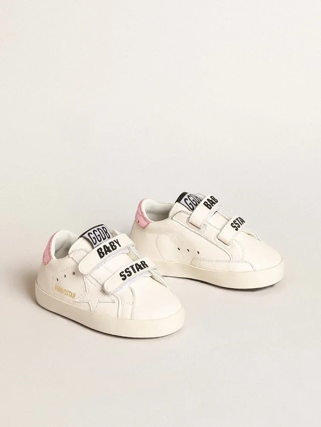 Set da scuola per bambini in nappa bianca con linguetta sul tallone in pelle rosa