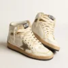 Sky-Star da donna in pelle nappa bianca con stella in pelle scamosciata grigio tortora